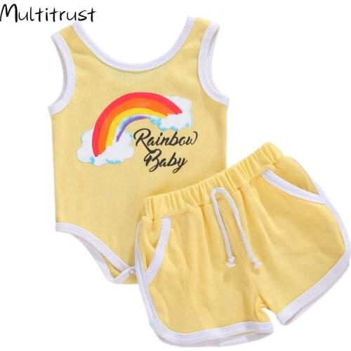 0-18M Newborn Infant Baby Girls Boys Clothes Sets Rainbow Letter Print Sleeveless Romper Tops Shorts 2pcs