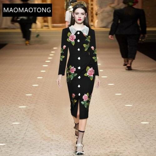Fashion Dress Spring Women Dress Angel Buttons Rose Embroidery Hot Drilling Black Slim Noble Elegant Gorgeous Dresses