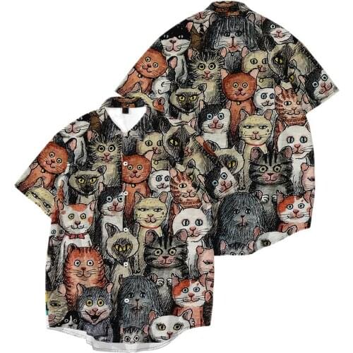 Male Fashion Button Turn Down Collar Shirts For Men Short Sleeve Blouse Casual Hawaiian Cat Printing Shirt