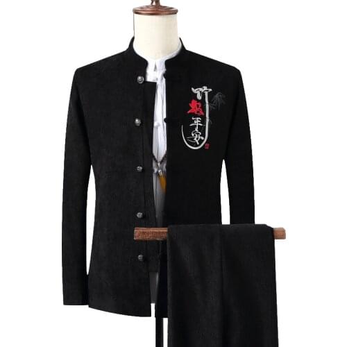 New Men Corduroy Suit 2piece Fashion Chinese Retro Style Mens Embroidery Suits Classic Male Blazers and Tie Feet Trousers