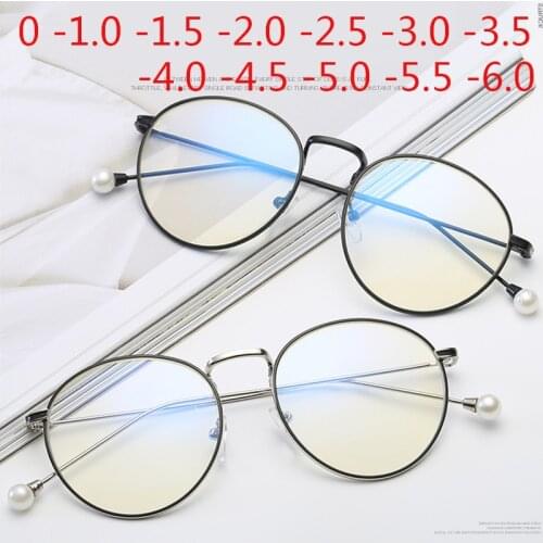 Diopter SPH 0 -0.5 -1 -1.5 -2 -2.5 -3 -3.5 -4 -4.5 -5 -5.5 -6.0 Women Round Metal Frame Fashion Pearl Eyewear Myopia Glasses