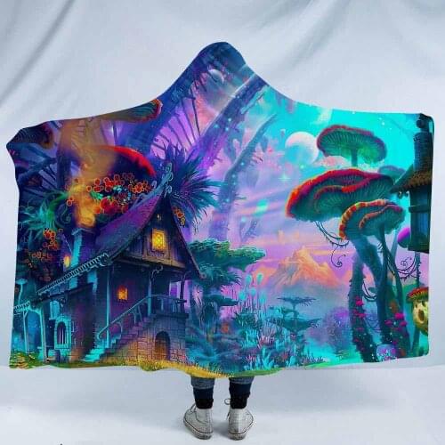 Fantastic Forest Mushroom Hooded Blanket Coral Fleece Printed Psychedelic Hoodie Blankets For Kids Adults Sofa TV Throw Blanket