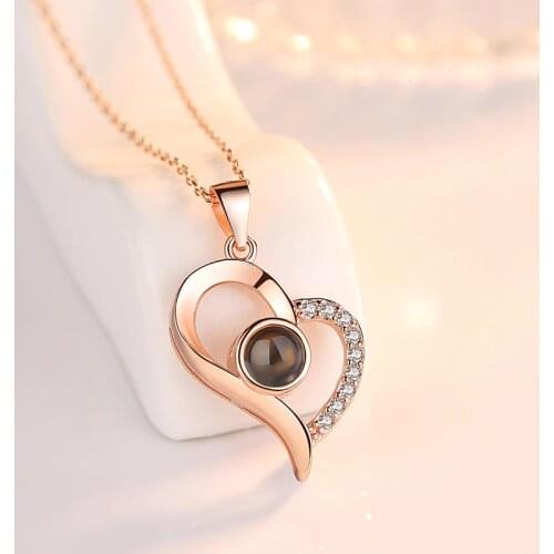 Bridesmaid gift 2019 New 100 languages I love you Projection Pendants Necklaces Rose Gold Chain Heart Shape Letter Necklace bff