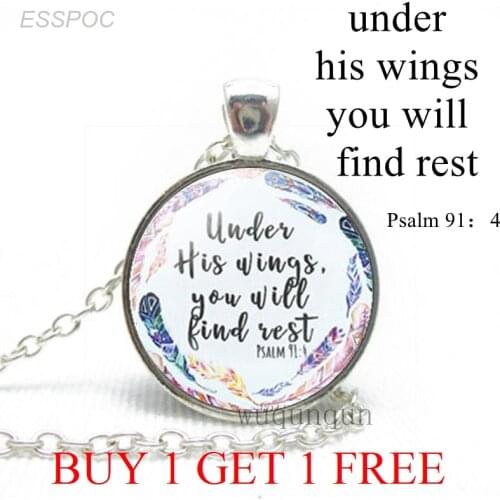 Under His Wings You Will Find Rest Bible Verse Necklace Inspirational Quote Glass Fashion Jewelry Christian Pendant Women Gifts