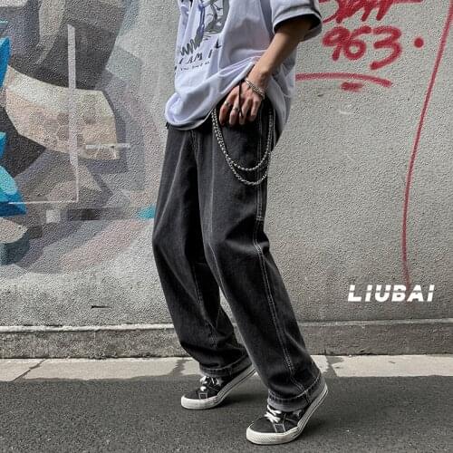 Harajuku Straight Pants Men Jeans 2021 New Summer Daily Casual Streetwear Male All Match Long Denim Trousers Pants