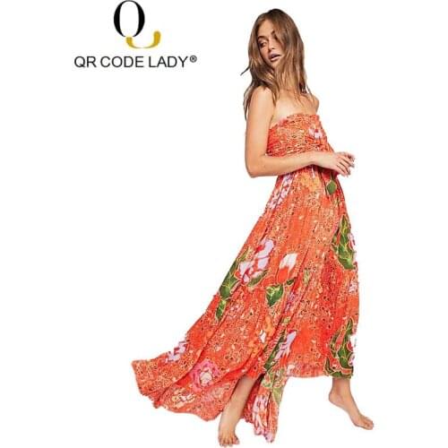 QR Bandage Women Dress Summer 2019 Casual Slim Backless Print Long Party Dress Female Sexy Strapless Boho Beach Maxi Dresses