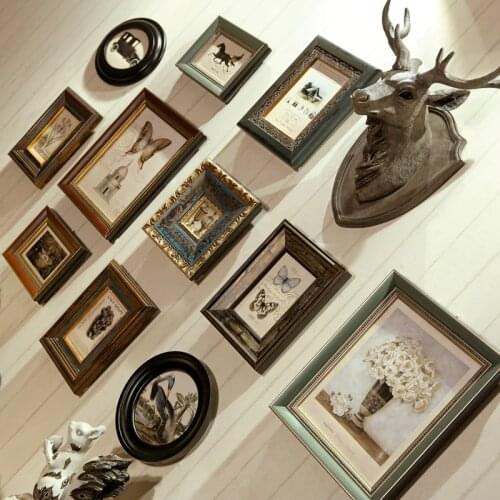 Retro Photo Wall Decoration Deer Head European Wood Frame Hanging Wall Combination Living Room Creative Photo Frame Wall
