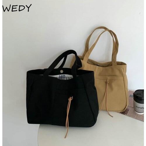 Korean Canvas Tote Bag Women Casual Single Shoulder Bag Solid Color Shopping Handbag Square Shape Female Simple Hand Bags Black