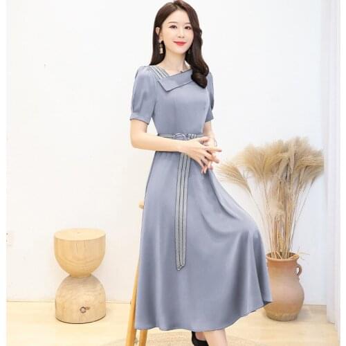 Spring/Summer 2021 new Korean version of large-size satin dress with acetate trim temperament V-neck fashion mid-length dress