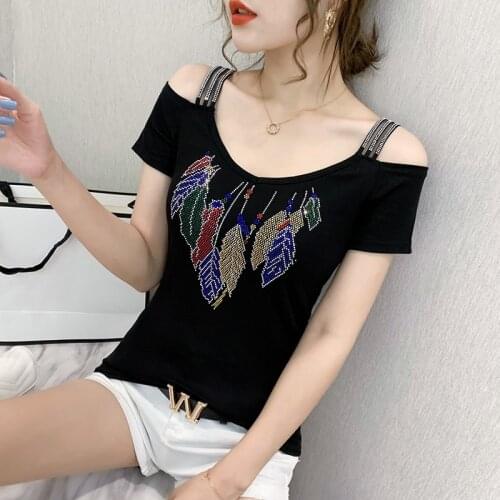 Summer European Clothes T-shirt Fashion Sexy Off Shouder Shiny Diamonds Women Tops Ropa Mujer Cotton Tees 2020 New T06219