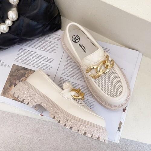 Platform Women Loafers Round Toe Leather Buckle Breathable Mesh 2021 New Slip On Spring Summer Shoes Square Heels Mujer
