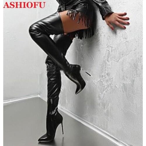 ASHIOFU Handmade Womens High Heel Over Knee Boots Sexy Night-club Thigh High Boots Evening Striper Fashion Long Boots Shoes