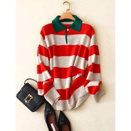 Autumn winter new style brand womens long sleeve striped buttons turn-down collar high quality 100% cashmere sweater knitwear