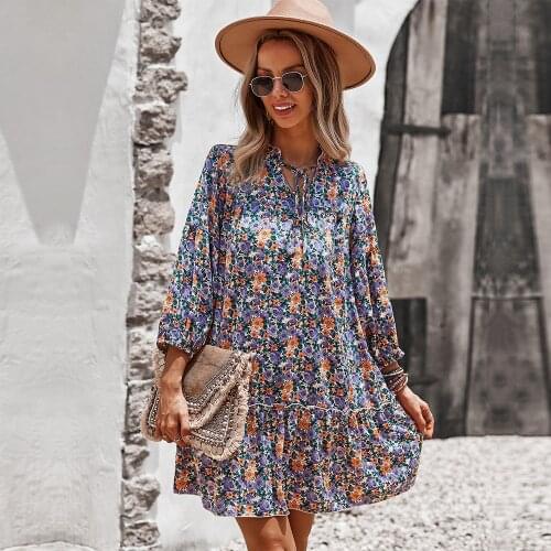 Autumn Winter Floral Short Dress Women 2021 New Casual Lace Up V Neck Wrist Sleeve Print Dresses For Woman Holiday Style