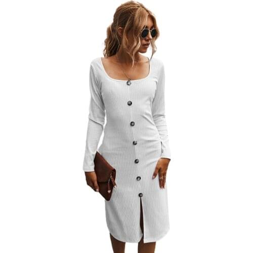 Women Autumn Long Sleeve Solid Color Ribbed Midi Slim Dress Buttons Sexy Retro Square Neck Front Slit Tight Party Clubwear