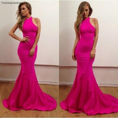 Fuchsia Colour Prom Dress Mermaid Halter Neck Sleeveless Long Evening Party Gown Women Wear
