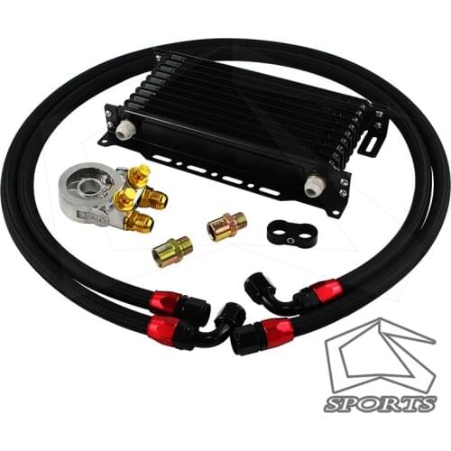 10 Row Engine Trust Oil Cooler w/ Thermostat 80 Deg Oil Filter Adapter Kit Blue/ Black