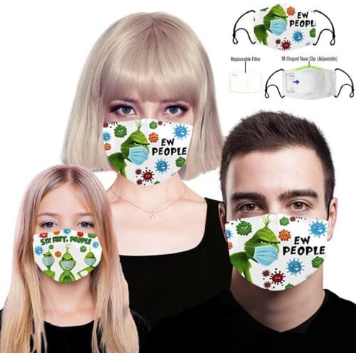 2 PCS Halloween Christmas Green Hair Monster 3D Digital Print Washable Cotton Mask Dust-Proof Haze Pm2.5 Filter