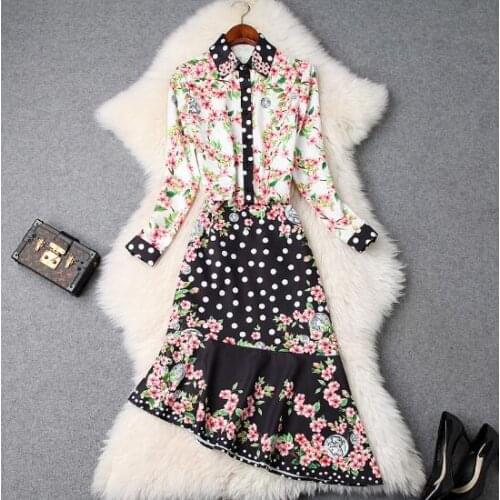 2019 spring and summer womens new sequined printed shirt + irregular wave point lotus leaf skirt skirt suitT3437