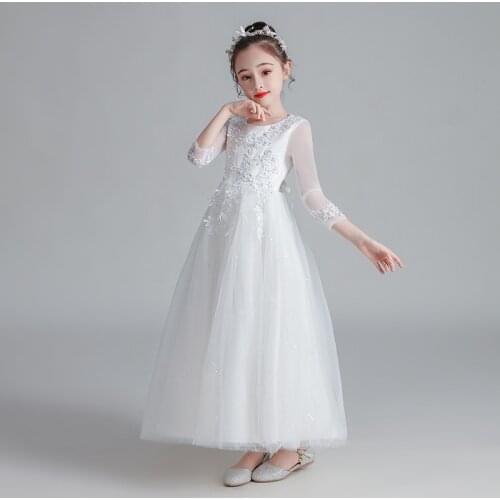 2021 Long Sleeve Girls Dress White Bridesmaid Kids Dresses For Girls Children Princess Dress Party Wedding Dress Costume 10 14 Y