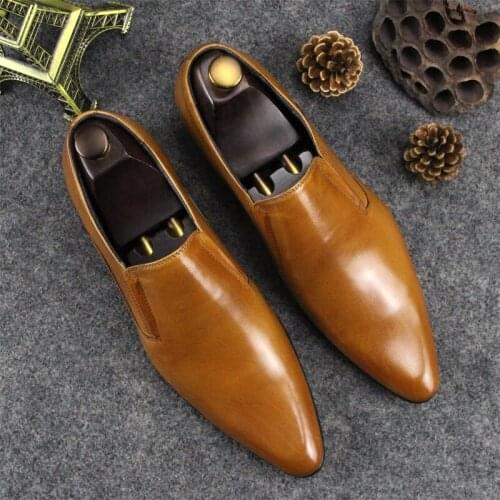 British Man Genuine leather Slip on Formal Dress Shoes Korean Style Mens Wedding Party Oxfords