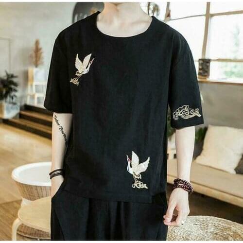 Mens Cotton Summer Embroidered Short-sleeves Crew Neck Chinese Style T-shirt Male Black White Tees