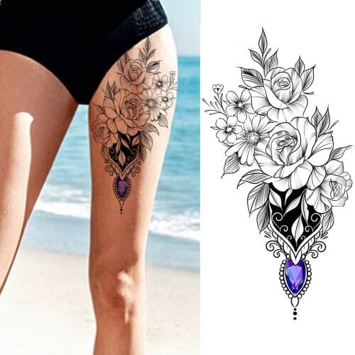 Fake Jewelry Diamond Temporary Tattoos Sticker DIY Waterproof Black Flower Tattoos Decal For Women Girl Body Art Legs Arm Tattoo