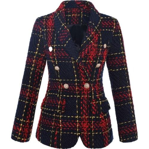 Quality European Women Elegant Designing Autumn Notched Double Breasted Plaid Weaving Casual Runway Blazers S-XXL
