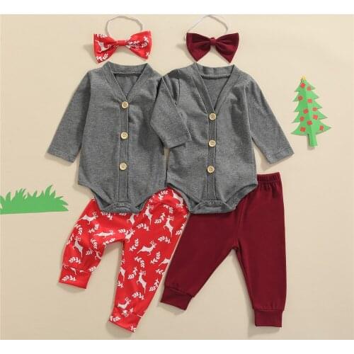 Baby Boys Three-piece Clothes Set Solid Color V-neck Romper, Pants and Bow Tie, Red/ Wine Red
