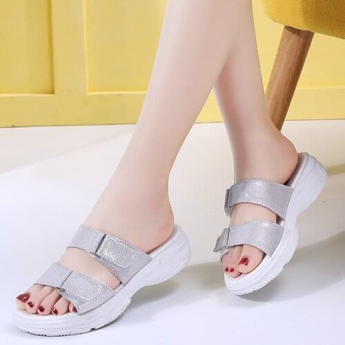 Summer Women Slippers Shoes Woman Split Leather Flat Beach Sandals Luxury Magic Slides Ladies Slipper Flip Flops Heel High 4cm