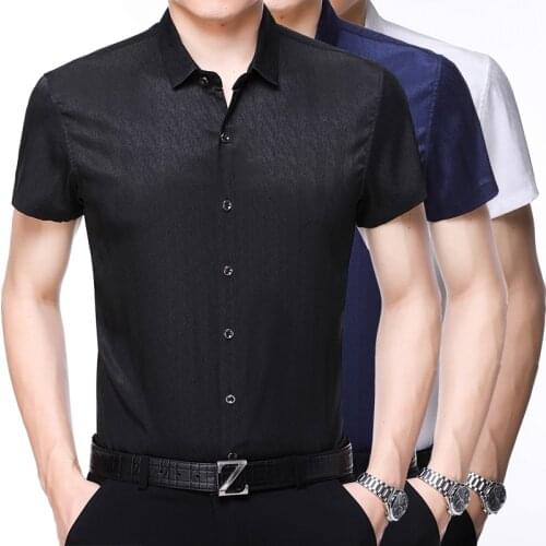Mens summer 2018 soft silk dress shirts male casual solid color short sleeve satin silk clothes