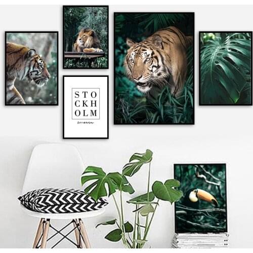 Jungle Wild Tiger Lion Tropical Bird Leaf Wall Art Canvas Painting Nordic Poster And Prints Wall Pictures For Living Room Decor