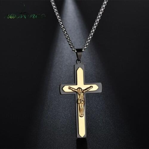 Nextvance Stainless Steel Black Jesus Cross Necklaces & Pendant Double Crucifix Chain Necklace For Women Jewelry