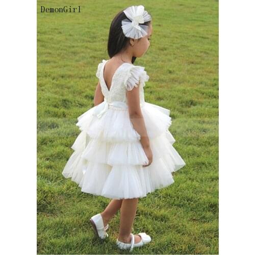 New Puffy Flower Girl Dress Tiered Tulle Lace Cap Sleeve Children Knee Length Party Gown Birthday Dress New Year