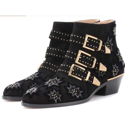 Drop Shipping Fashion Women Black Buckle Zip Side Round Toe Star Low Heels Comfortable Rivets Plus Size Short Ankle Boots Lady