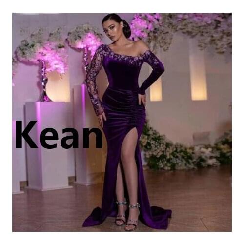 Purplr Velour Evening Dresses High Slit Full Sleeve Plus robe de soiree Evening Gowns Prom Dress Vestidos De Festa