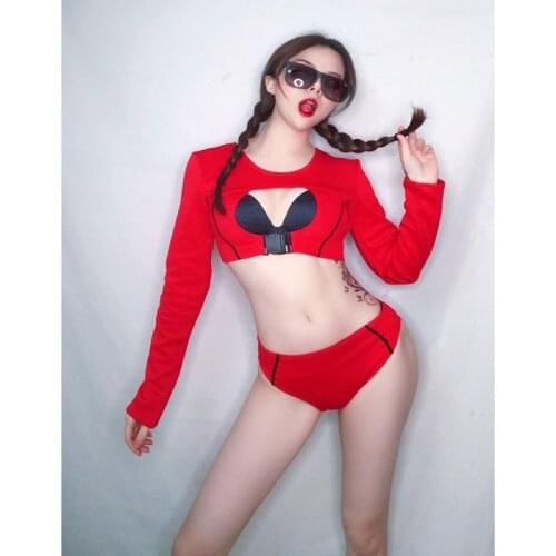 Sexy Club Costumes Top & Pants,Hollow Out Bust Bodysuit Female Bodice Stage Dancing Singing Clothes