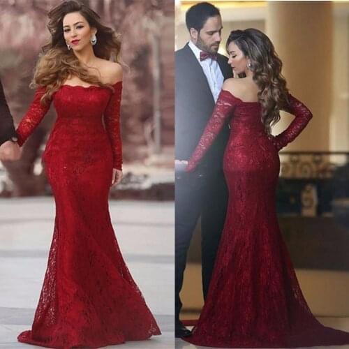 SuperKimJo Vestidos De Noche Burgundy Lace Evening Dresses Long Sleeve Mermaid Modest Cheap Formal Wear Robe De Soiree Femme