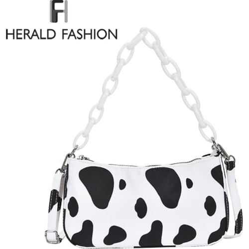 Vintage PU Leather Women Baguette Shape Handbags Fashion Milk Cow Pattern Ladies Underarm Shoulder Bags Girls Cute Purse