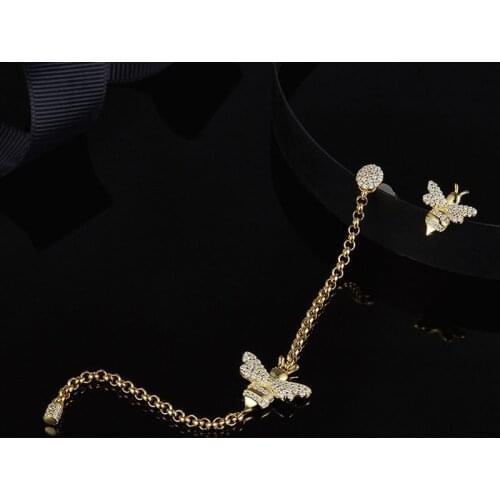 SLJELY Luxury 925 Sterling Silver Asymmetrical Gold Color Bee Earrings Inlay Zircon AB Long Earrings Women Fashion Party Jewelry
