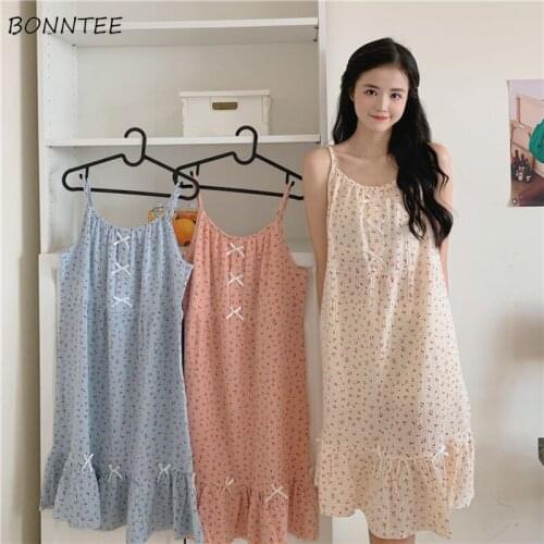 Women Nightgowns Lovely Lolita Floral Summer Loose Sleepwear Spaghetti Leisure Sleep Korean Style Fashion Girlish Ruffles Chic