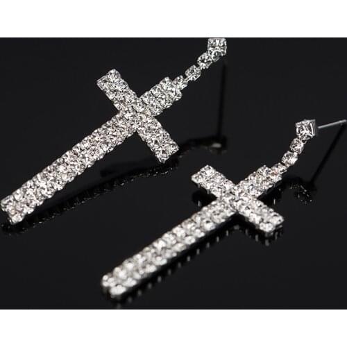 Womens Romantic Rhinestone Earrings Cross Pendant Single Double Rows Dangle Eardrop Earrings Pendientes Sliver aretes de mujer