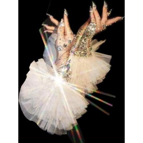 Women Sexy Stage Sparkly Rhinestones Elastic Mesh Gloves Crystals Stones Bar Nightclub Djds Gogo Singer Stage Accessories