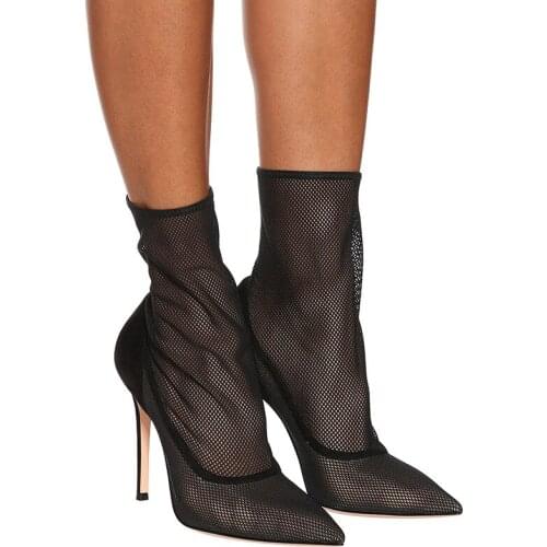 Black Mesh Sock Boots Summer Sexy Elastic Fishnet Ankle Boots Female Thin High Heels Slip On Outfit Short Bottines