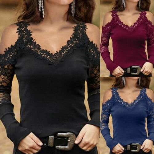 Women Tops Solid Color Lace Pullover Ladies Off Shoulder Casual Tops for Work