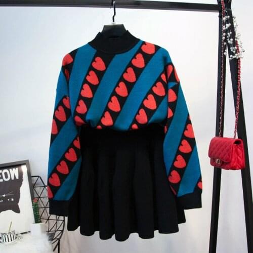 Two piece set sweater set autumn and winter new style womens fashion love long sleeve sweater sweater pleated skirt set