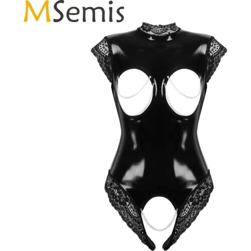 Womens Sissy Nipples Hole Exotic Teddies Patent Leather Lingerie Open Breast Crotchless Lace Trimmed Bodysuit Dancing Clubwear