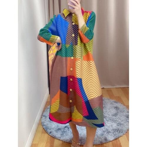 Changpleat autumn 2021 single breasted printed dress Miyak Pleated Fashion Loose 3/4 Sleeve Female Dresses