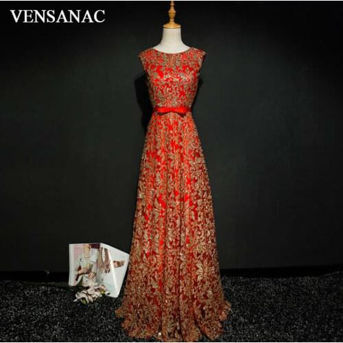 VENSANAC New A Line Embroidery O Neck Long Evening Dresses Sleeveless Draped Sash Tank Sweep Train Party Prom Gowns