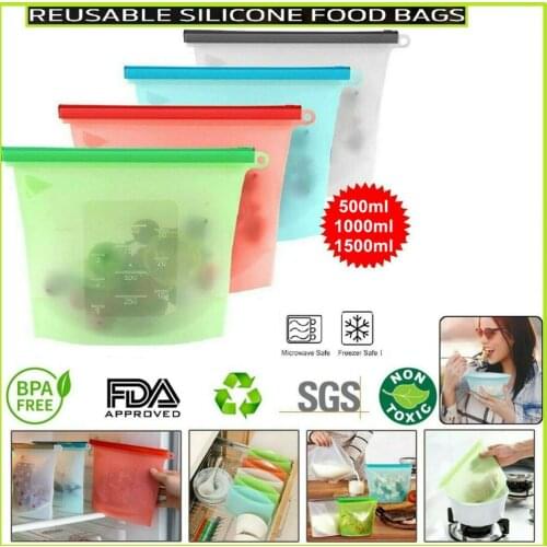 500/1000/1500ml Silicone Food Storage Bags Reusable Food Fresh-keeping Bag Seal Ziplock Freezer Cooking Fresh Bags